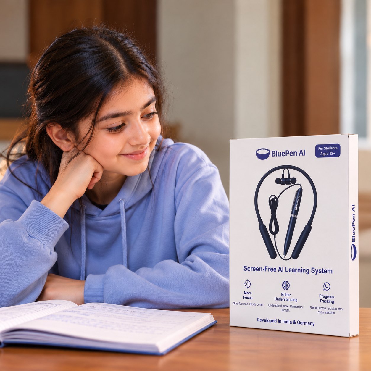 A student studying next to the BluePen AI Screen-Free AI Learning System box