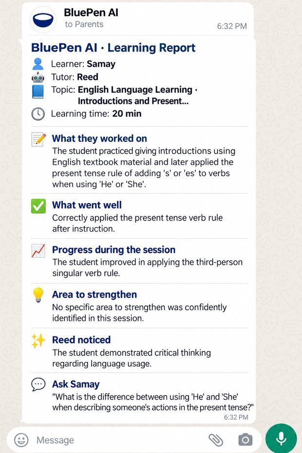 A BluePen AI learning report on WhatsApp