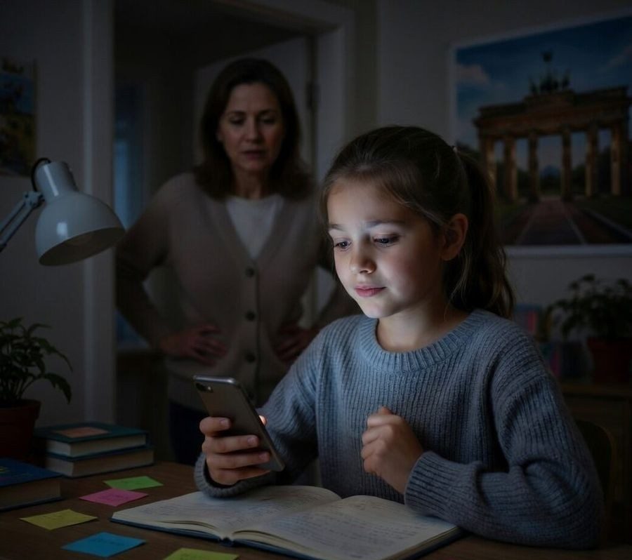Child distracted by phone while studying